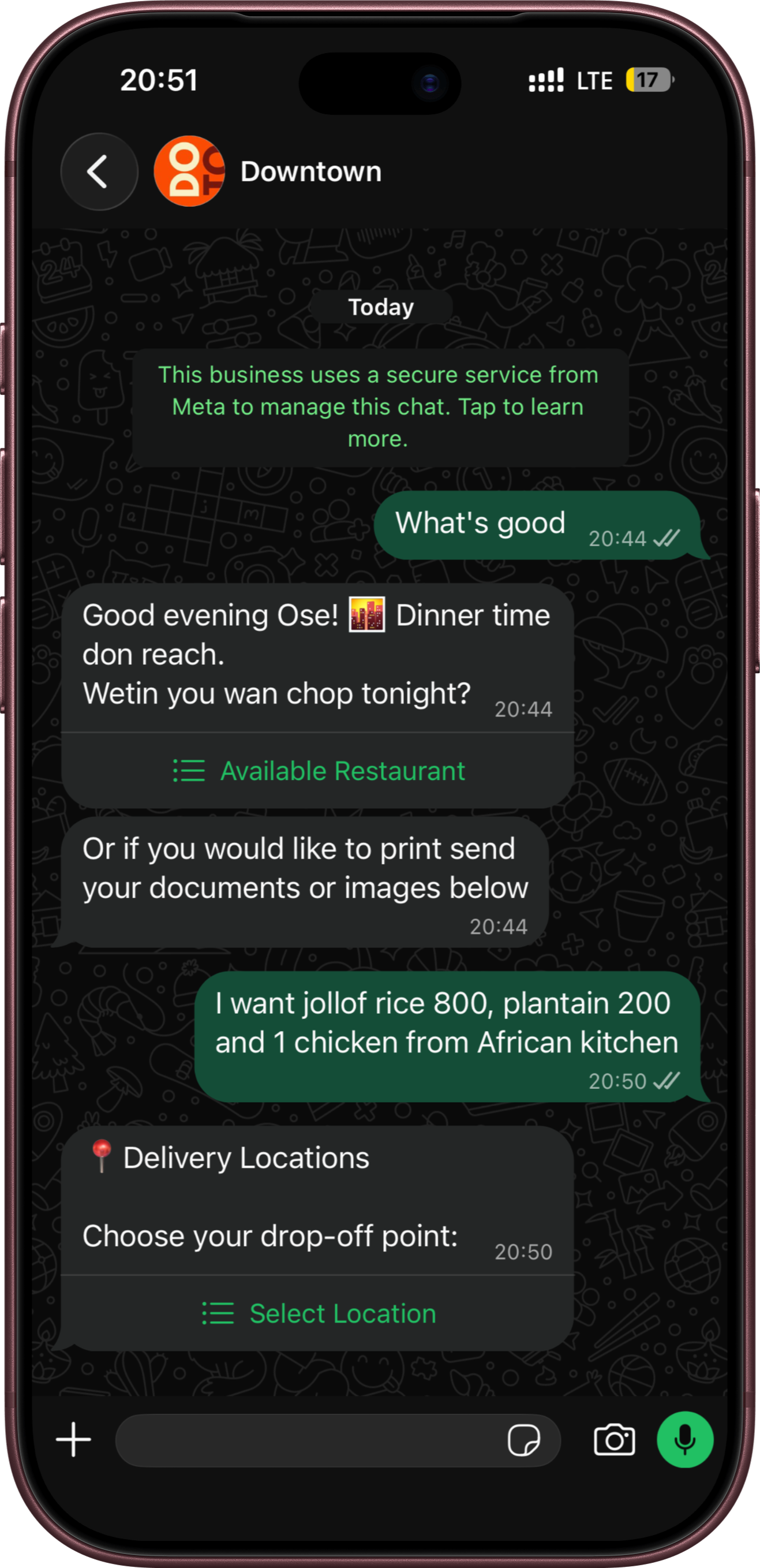 Downtown WhatsApp chat showing a food order and delivery location selection